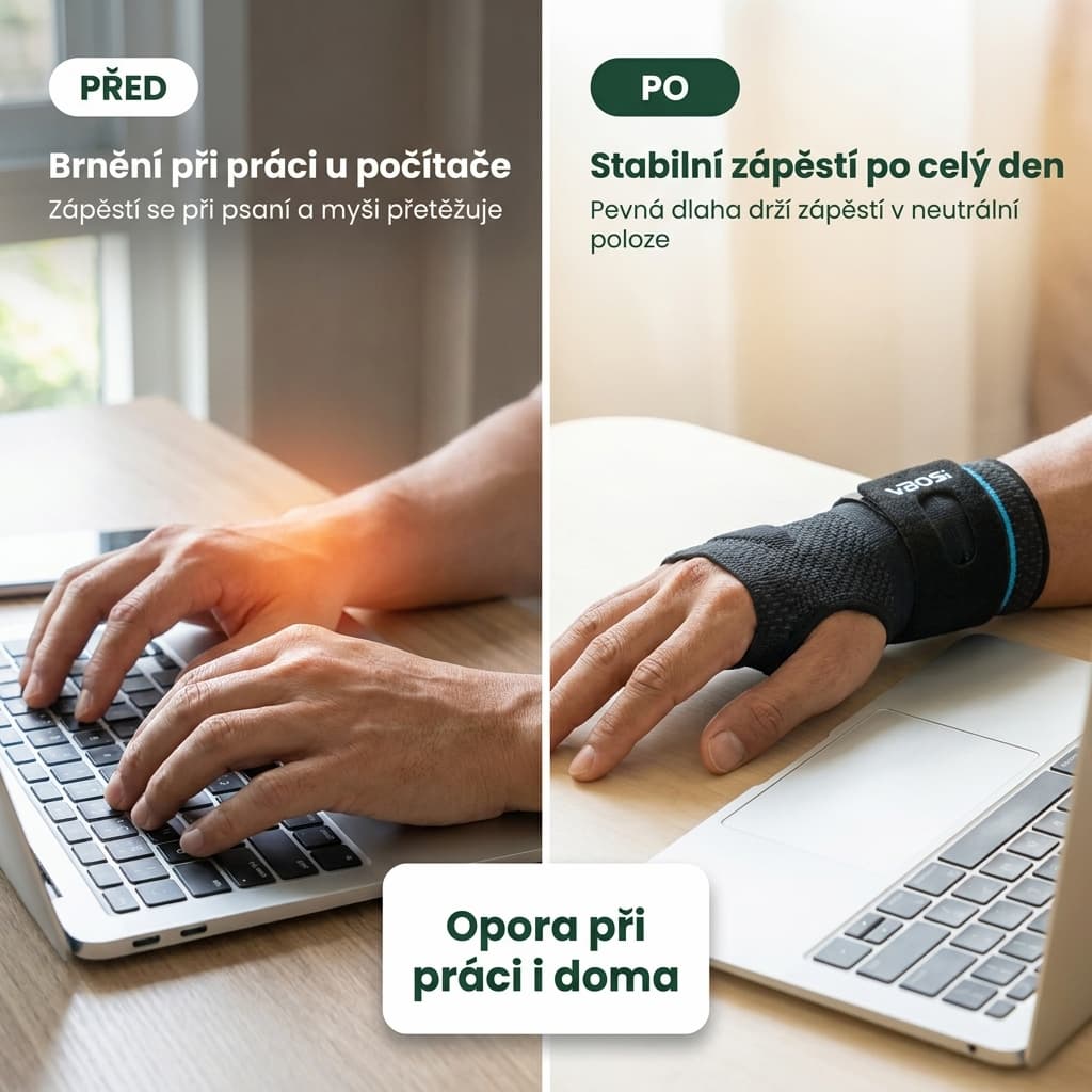 Ortéza na zápěstí s pevnou dlahou při karpálním tunelu – před a po
